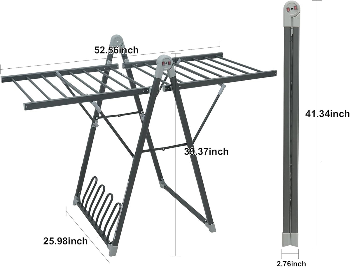 Electric Heating Clothes Drying Rack,Foldable Clothes Drying Rack,Suitable for Drying Clothes, Shoes and Socks.Plug & Play,Space Gray,Aluminum Alloy,One-Click Switch(39.37×52.56×25.98in)