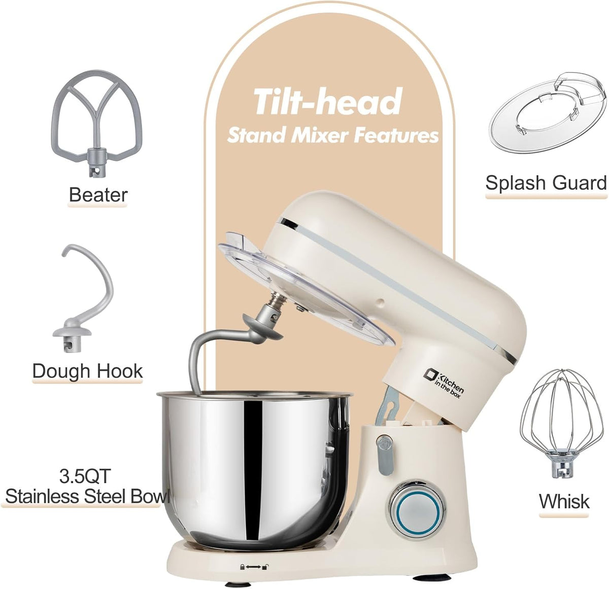 Kitchen in the Box Stand Mixer, 3.5 QT Small Electric Kitchen Mixer, 10-Speed Portable Lightweight Food Mixer with Stainless Steel Bowl, Egg Whisk, Dough Hook, Beater (Cream White)
