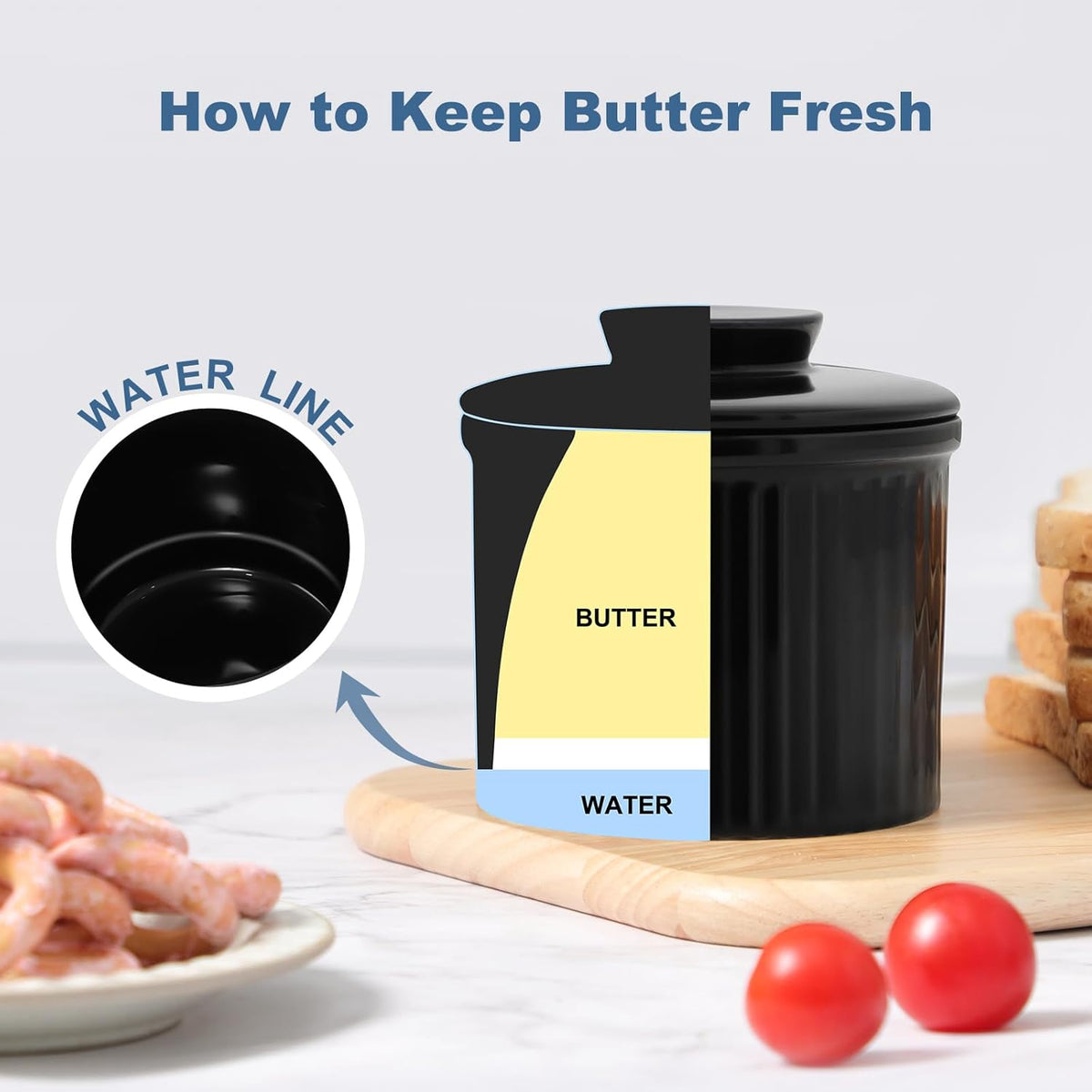 Large Butter Crock Bell for Counter with Water Line, Butter Keeper, Ceramic French Butter Dish Holder for Fresh Spreadable Soft Butter (Black, 8 Ounce)