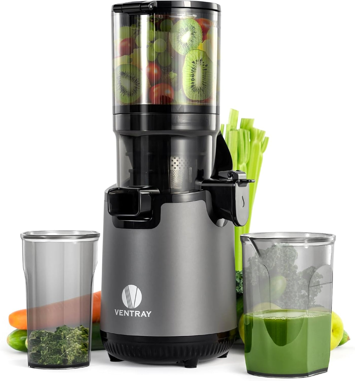 Ventray Cold Press Juicer, 5.12'' Extra Large Feed Chute Slow Masticating Juicer for Whole Vegetables & Fruits, 250w, High Juice Yield, Easy to Clean, with Brush, Fit for Batch Juicing