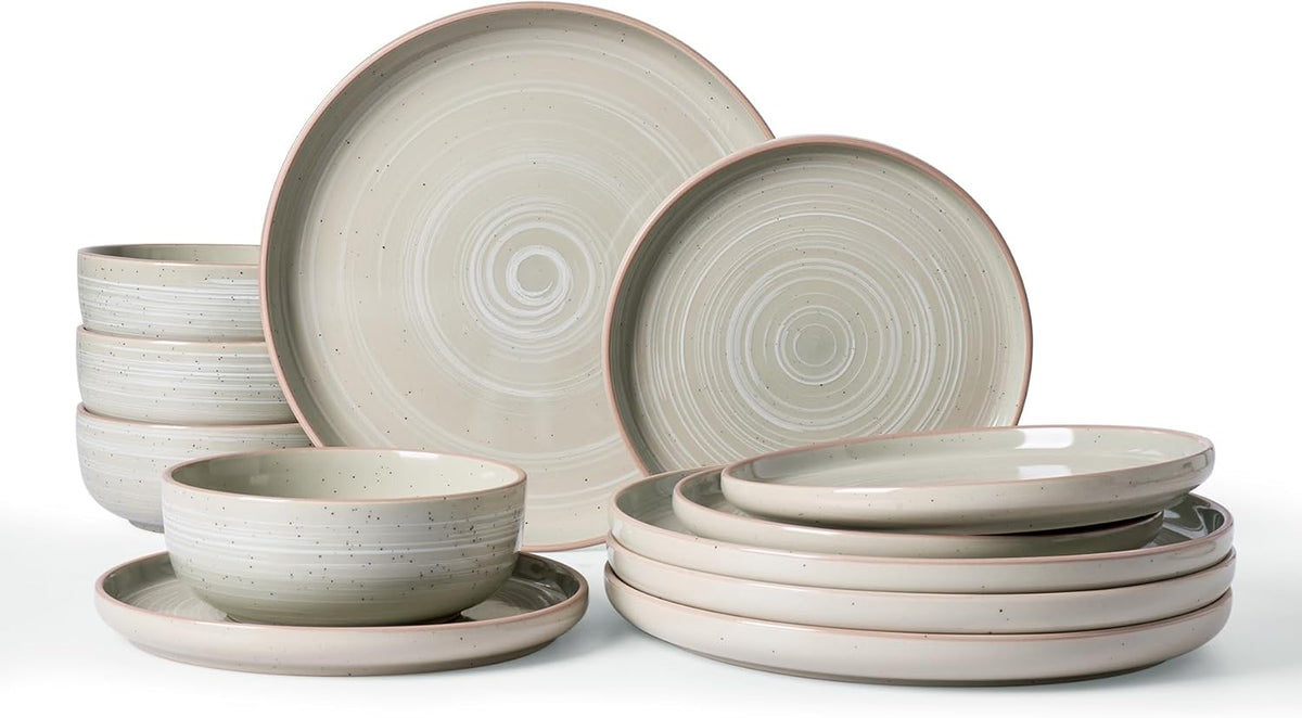 Famiware Meteor Plates and Bowls Sets for 4, 12 Pieces Dinnerware Sets, Microwave and Dishwasher Safe Dishes Set, Matcha Green