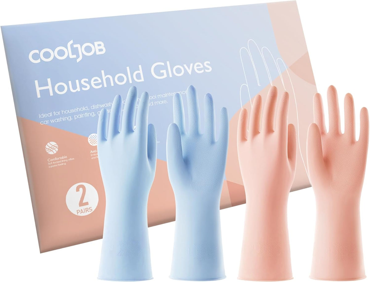 COOLJOB 2 Pairs Thickened Rubber Gloves with Cotton Lining & Non-slip Grip, Colorful Household Long Lasting Dishwashing Gloves for Kitchen & Bathroom Cleaning, Orange & Blue, Small