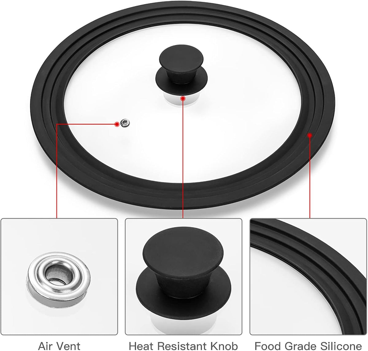 Universal Lid for Pots, Pans and Skillets Vented Tempered Glass with Heat Resistant Silicone Rim, Fits 8 inch, 8.5 inch, 9.5 inch Cookware, Replacement Lid, Black
