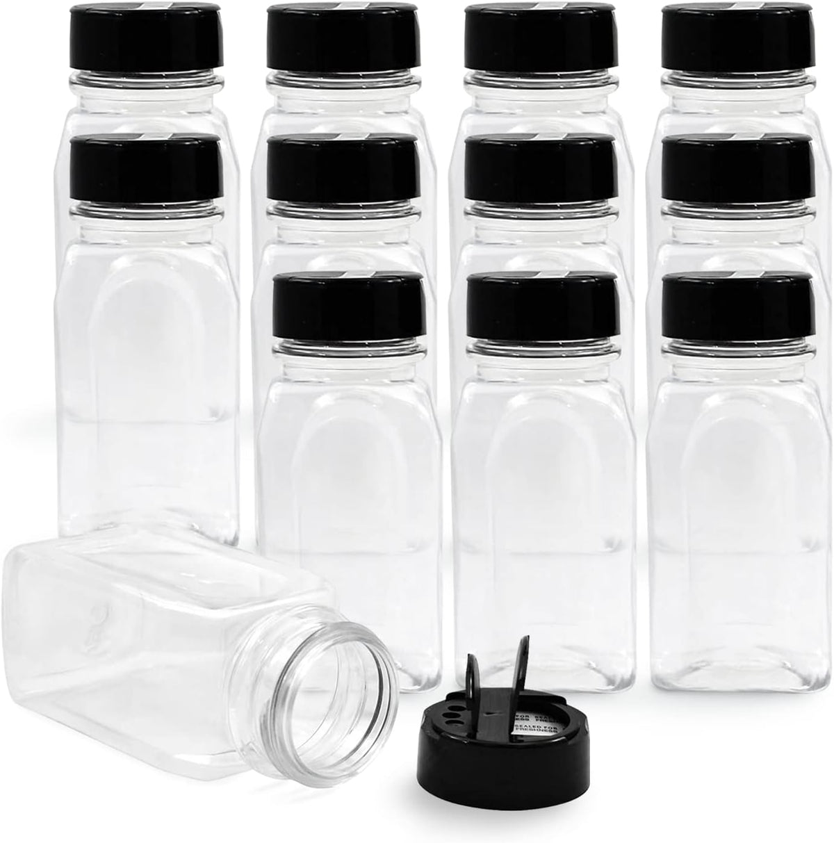 RoyalHouse 12 Pack 9.5 Oz Plastic Spice Jars with Black Cap, Clear and Safe Plastic Bottle Containers with Shaker Lids for Storing Spice, Herbs and Seasoning Powders, BPA Free, Made in USA