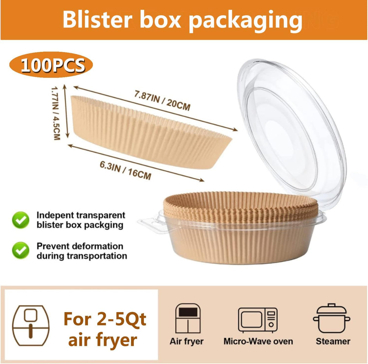 Air Fryer Liner Round,100PCS 6.3 inch Disposable Liners for 2 to 4.9Qt Air Fryer,Unbleached Non-stick Non-leak Airfryer Parchment Paper liner