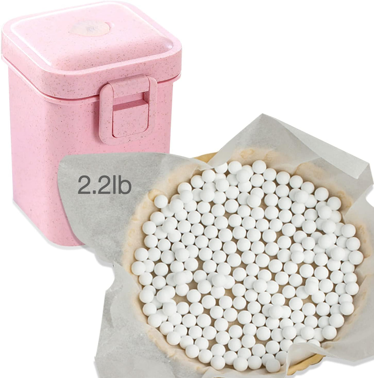 2.2Lb Ceramic Pie Weights Baking Beans Pie Crust Reusable 10mm Weights Natural Ceramic Stoneware with Wheat Straw Container (35 Oz Total) (Pink)