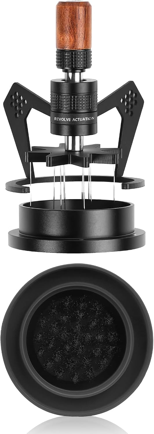IKAPE Mantis WDT Distribution Tool with Clean Brush, 58.5mm Espresso Stirrer Distribution Tool for Barista, 8 Needle Espresso Stirrer with Dosing Funnel &Stand, Adjustable Needle Height, Walnut Handle