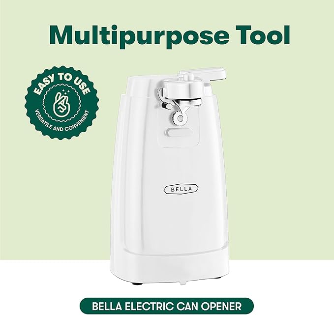 BELLA Electric Can Opener and Knife Sharpener, Multifunctional Jar and Bottle Opener with Removable Cutting Lever and Cord Storage, Stainless Steel Blade, White