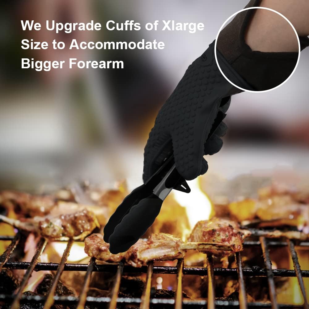 GEEKHOM BBQ Gloves X-Large, Heat Resistant Kitchen Silicone Oven Mitts, Waterproof Oven Gloves, BBQ Grill Accessories for Baking, Fryer, Smoker, Weber, Pizza, Microwave, Non-Slip, Black