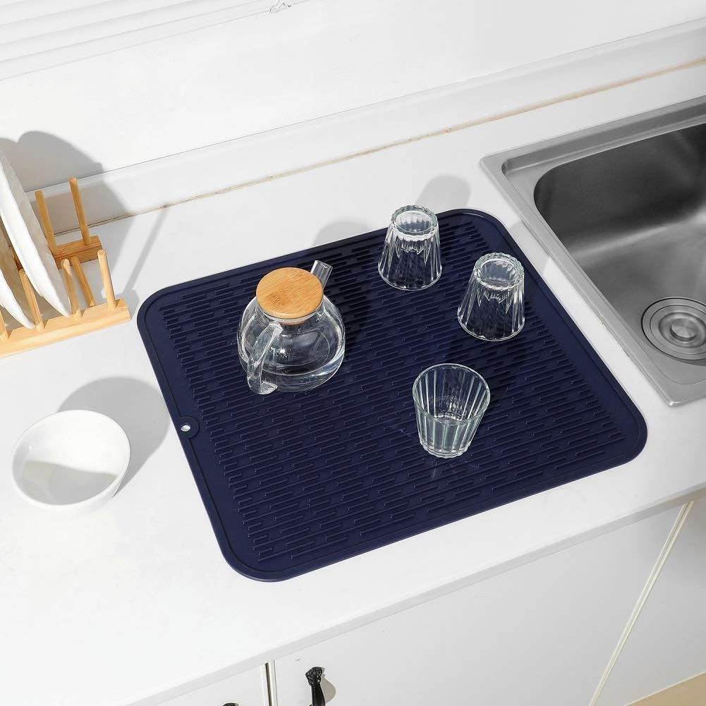 Silicone Dish Drying Mat for Multiple Usage,Easy clean,Eco-friendly,Heat-resistant Silicone Mat for Kitchen Counter or Sink,Refrigerator or Drawer Liner Navy Blue 2XL 24 inches x 18 inches