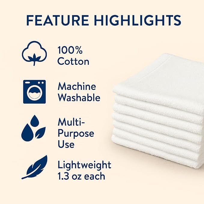 12 Inch x 12 Inch White Cotton Value Washcloths - Reusable Lt Weight Thin Cloth Rags - Bath/Exfoliating/Kitchen/Garage - Set of 48