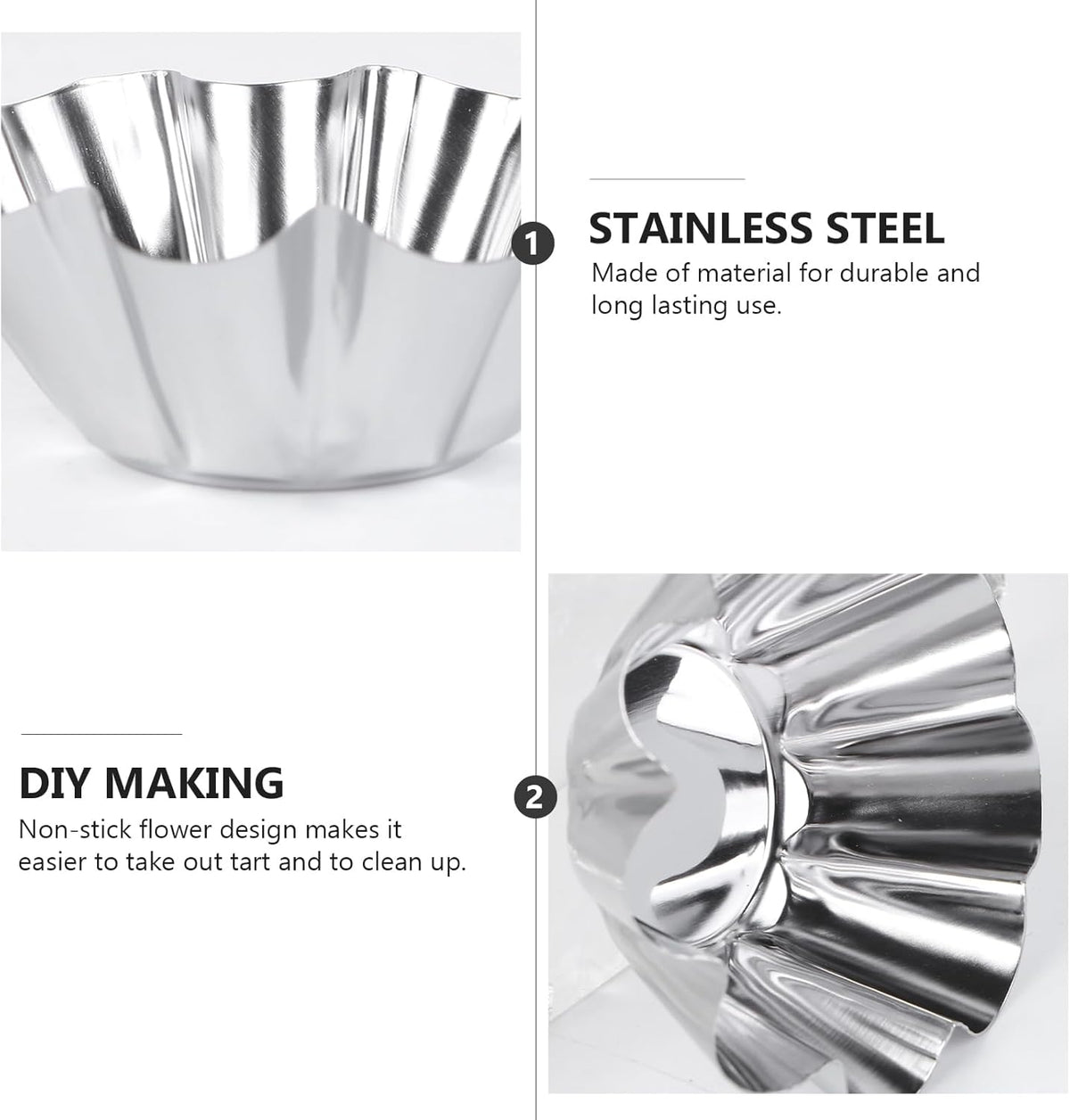 Mikinona 6pcs Stainless Steel Flower Tart Pans Non-stick Tart Muffin Cups for Baking Desserts for Cupcakes Egg Tarts and Diy Parties
