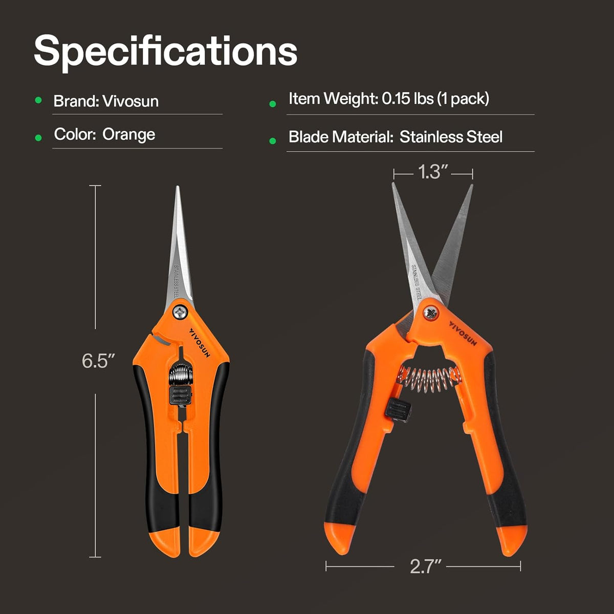 VIVOSUN 2-Pack 6.5 Inch Gardening Scissors Hand Pruner Pruning Shear with Straight Stainless Steel Blades Orange