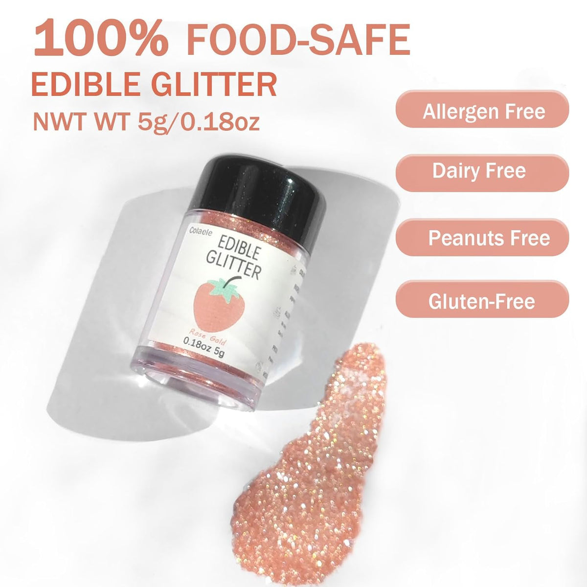 Rose Gold Edible Glitter for Cakes Drinks - Colaele 5 grams Food Grade Luster Dust Glimmer Powder Metallic Fancy Food Decorating Sprinkle Brew Glitter Dust Decorations Beverage Candy Dessert, Vegan