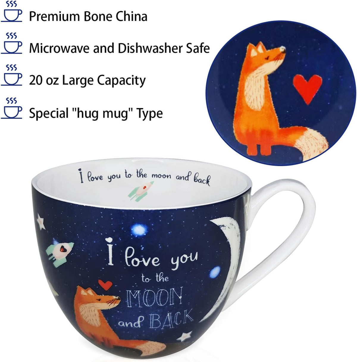 I Love You Coffee Mug, Premium 20 oz Bone China Coffee Tea Hug Mug, Perfect Holiday, Birthday, and Valentine's Day Gift for Lovers and Family Members, Designed in England by Harvest Green Studio