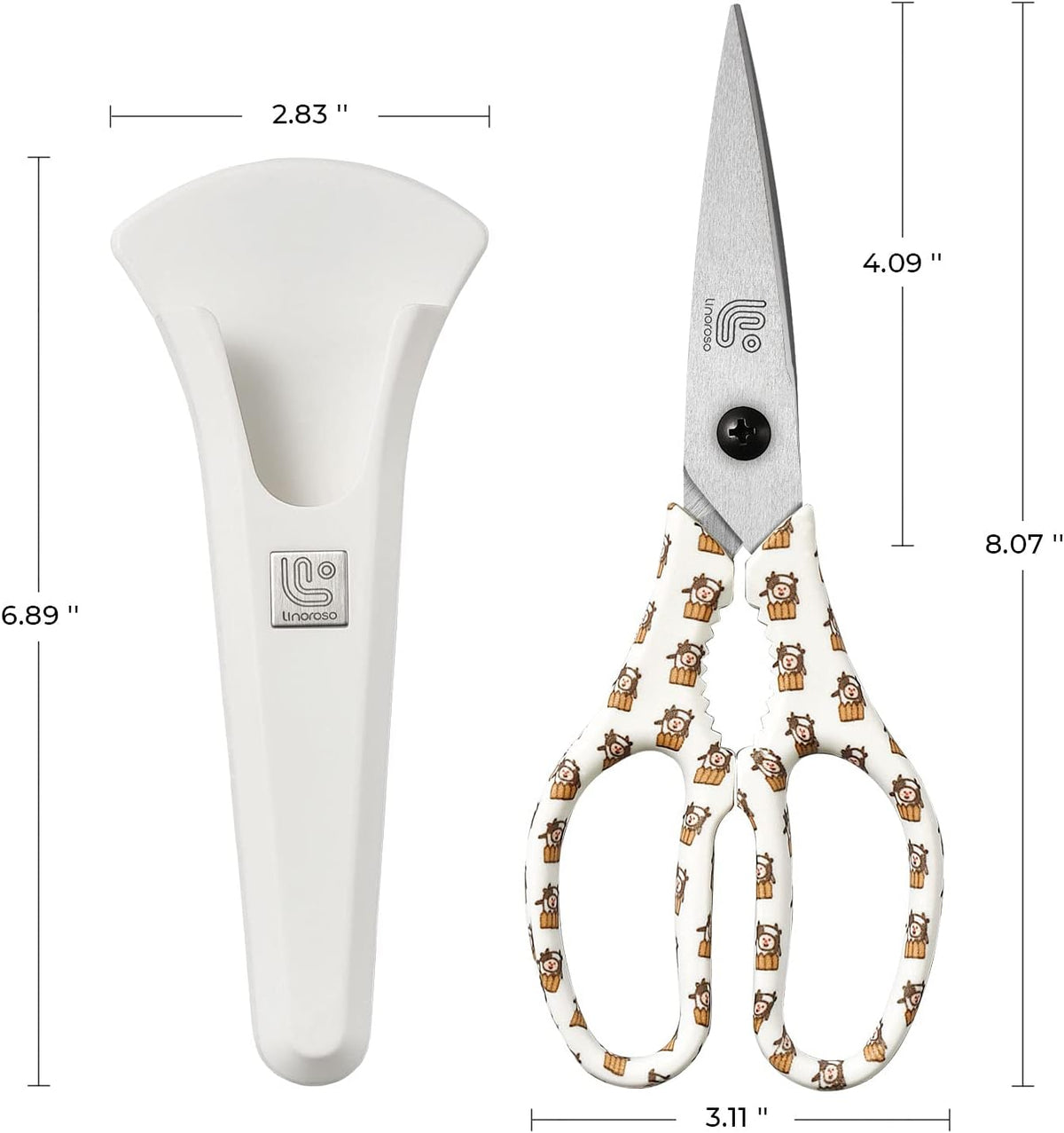 Linoroso Kitchen Scissors Heavy Duty Kitchen Shears with Magnetic Holder Made with Japanese Steel 4034, Multipurpose Ultra Sharp Cooking Scissors for Meat/Vegetables/BBQ/Herbs/Pizza (Graphic,Cow)