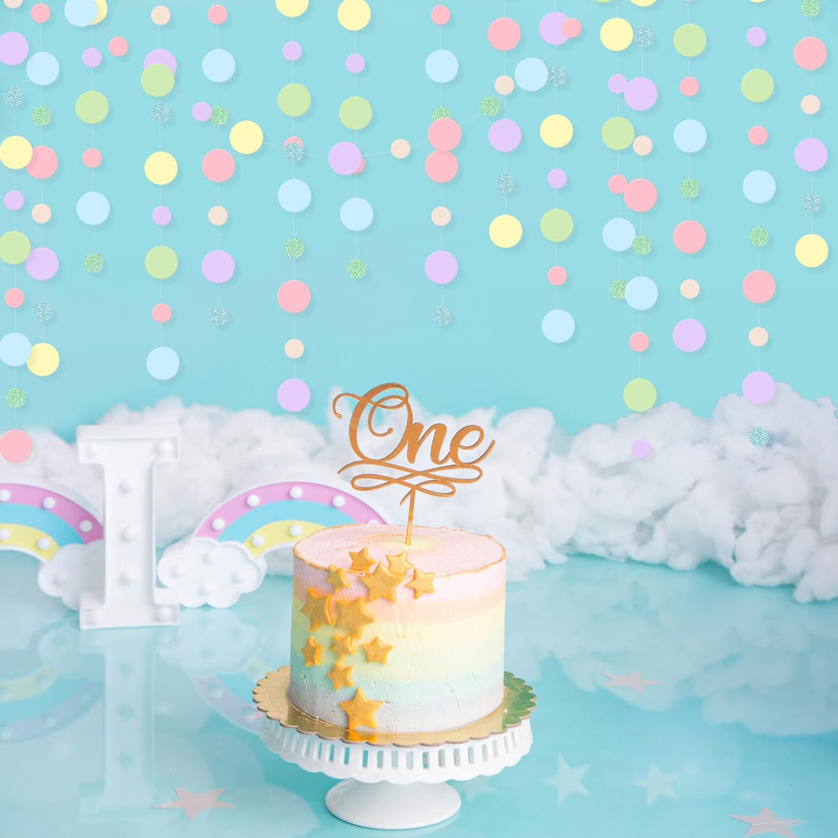 Outus 5 Pieces Colorful Dots Paper Garland Round Glitter Garland Hanging Confetti Streamers Backdrop Decoration for Birthday Classroom Candy Sprinkles Trunk or Treat Party (Pastel)