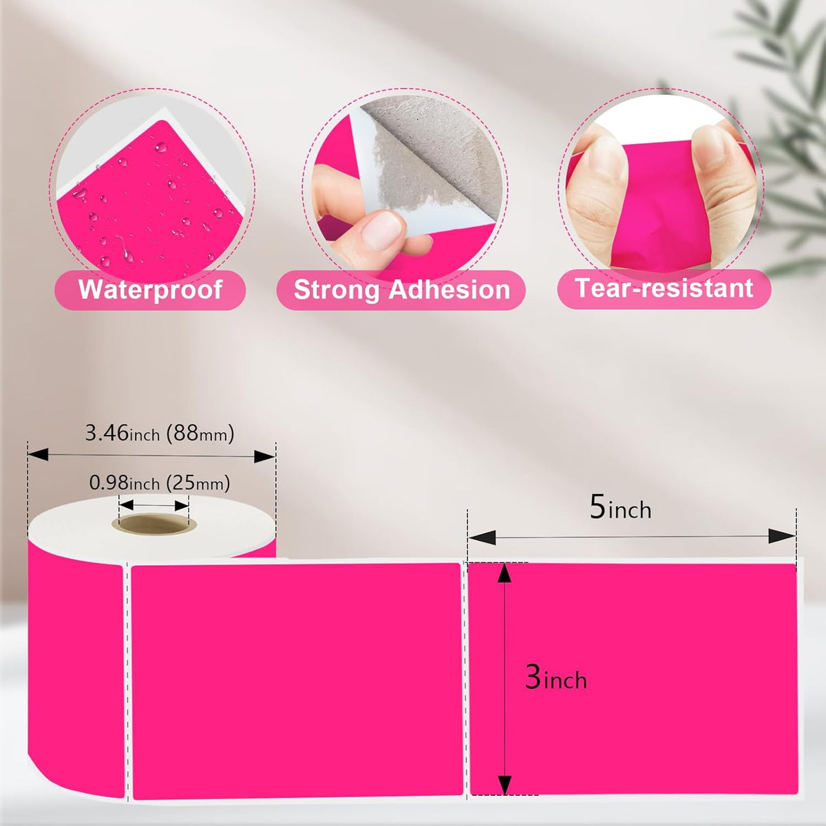 3 X 5 Inch Printable Waterproof Rectangle Color Coding Labels, 300 Per Roll Adhesive Color Coding Stickers for Bar-Codes, Address, Small Business Labeling, Fluorescent Pink