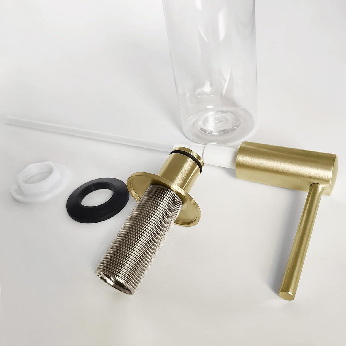 Brushed Gold Built in Dish Soap Dispenser for Kitchen Sink with 17 OZ PET Soap Bottle Refill from The Top, Under Counter Brass Pump Head Liquid Lotion Dispenser, Undermount Copper Pump Head