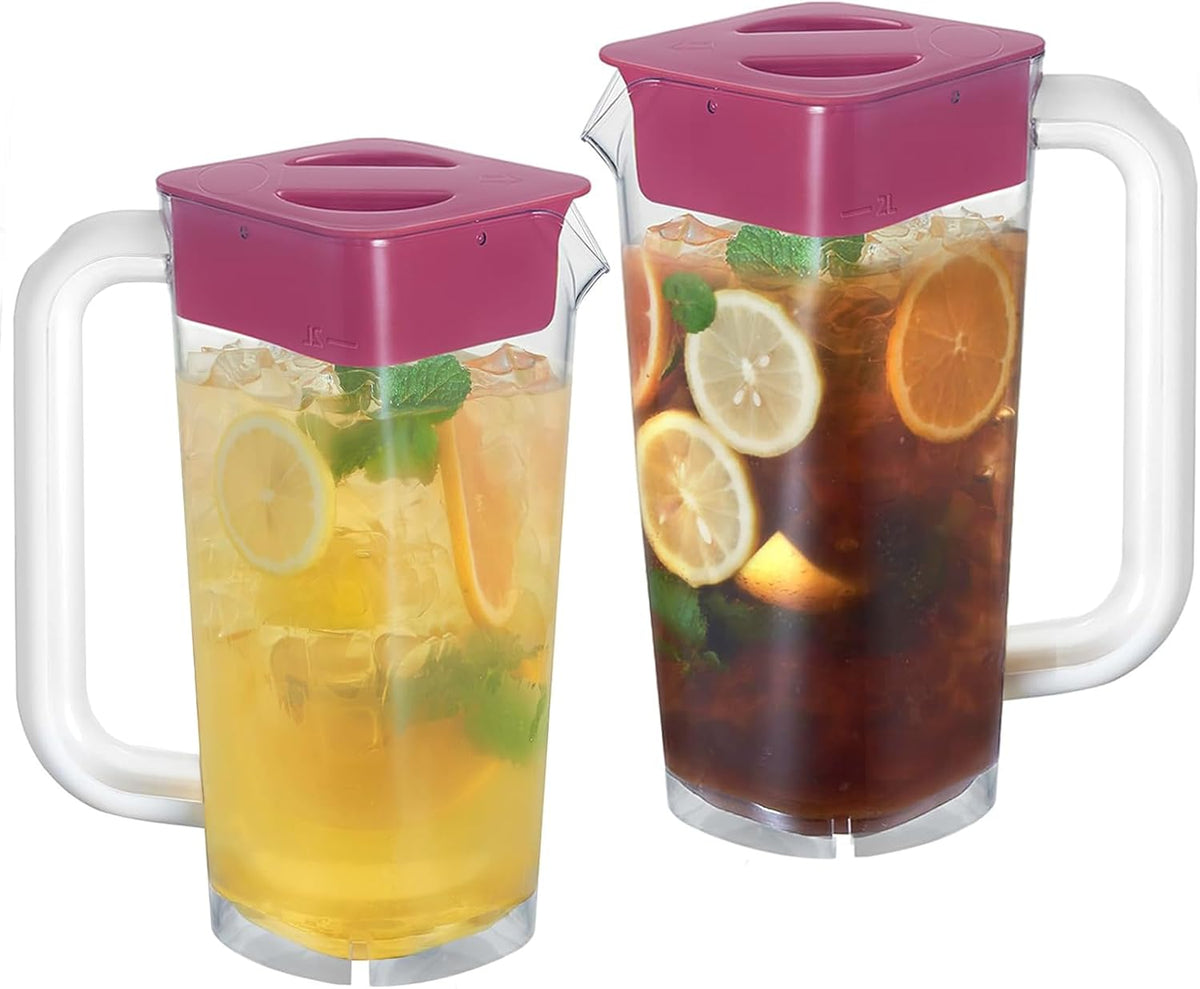 CURTA 2 Pack 2 Liters/68 oz Plastic Square Pitcher with Lid & Handle for Kitchen,ICED JUICE and Coffee Carafe Beverage Serveware, Acrylic Water Jug for Hot/Cold Drinks&lemonade
