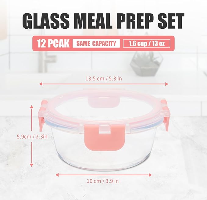 12 Pack 13oz Small Glass Food Storage Containers with Lids Airtight, Leak-Proof Round Meal Prep Containers Set, Freezer to Microwave Safe, Dishwasher Safe