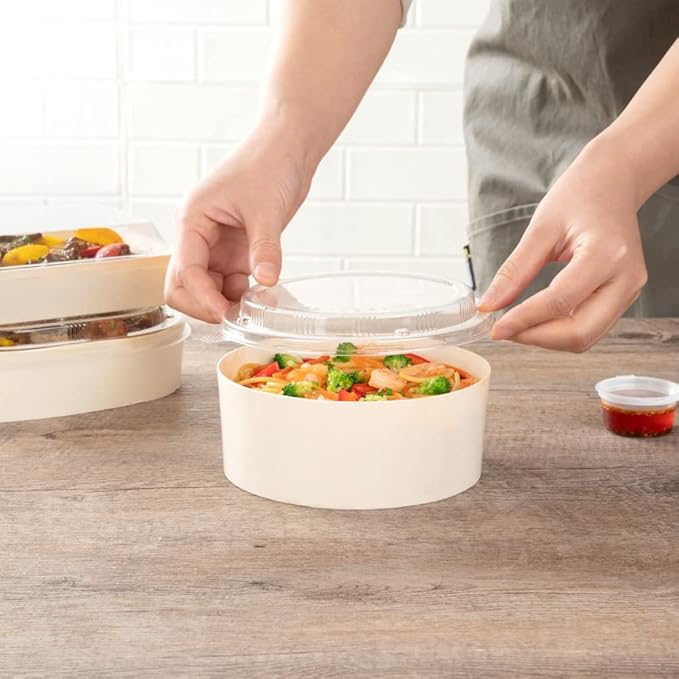 Restaurantware LIDS ONLY: Taipei 6.8 x 6.3 x 0.8 Inch Round Transparent Lids 100 Plastic Lids For 16 And 34 Ounce Round Wooden Containers - Containers Sold Separately Clear Plastic To Go Box Lids