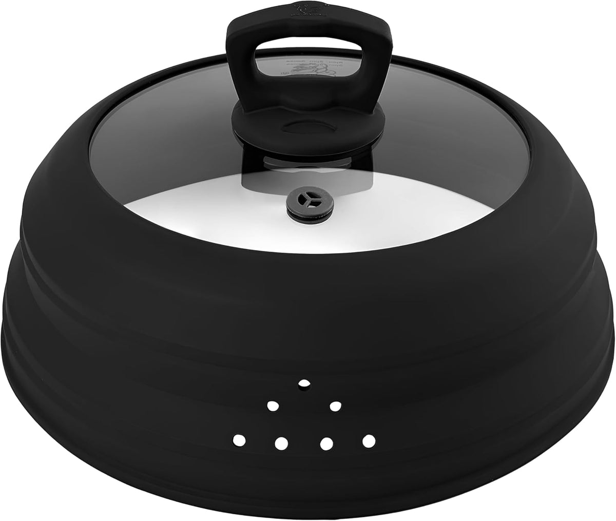 Microwave Splatter Cover Collapsible Silicone & Tempered Glass 10.8 Inch Microwave Cover for Food Splatter Guard with Steam Vents Dishwasher Safe Fits Bowls, Plates & Pots (Black)
