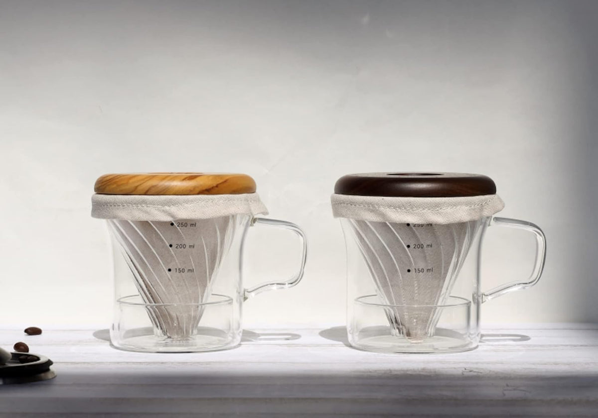 ATHIA Glass Pour Over Coffee Dripper Set, Glass Cone Dripper, Reusable Cloth Filter, Leather Cup Sleeve, Minimal Single Cup SET, for outdoor, office or at home (Olive Wood)