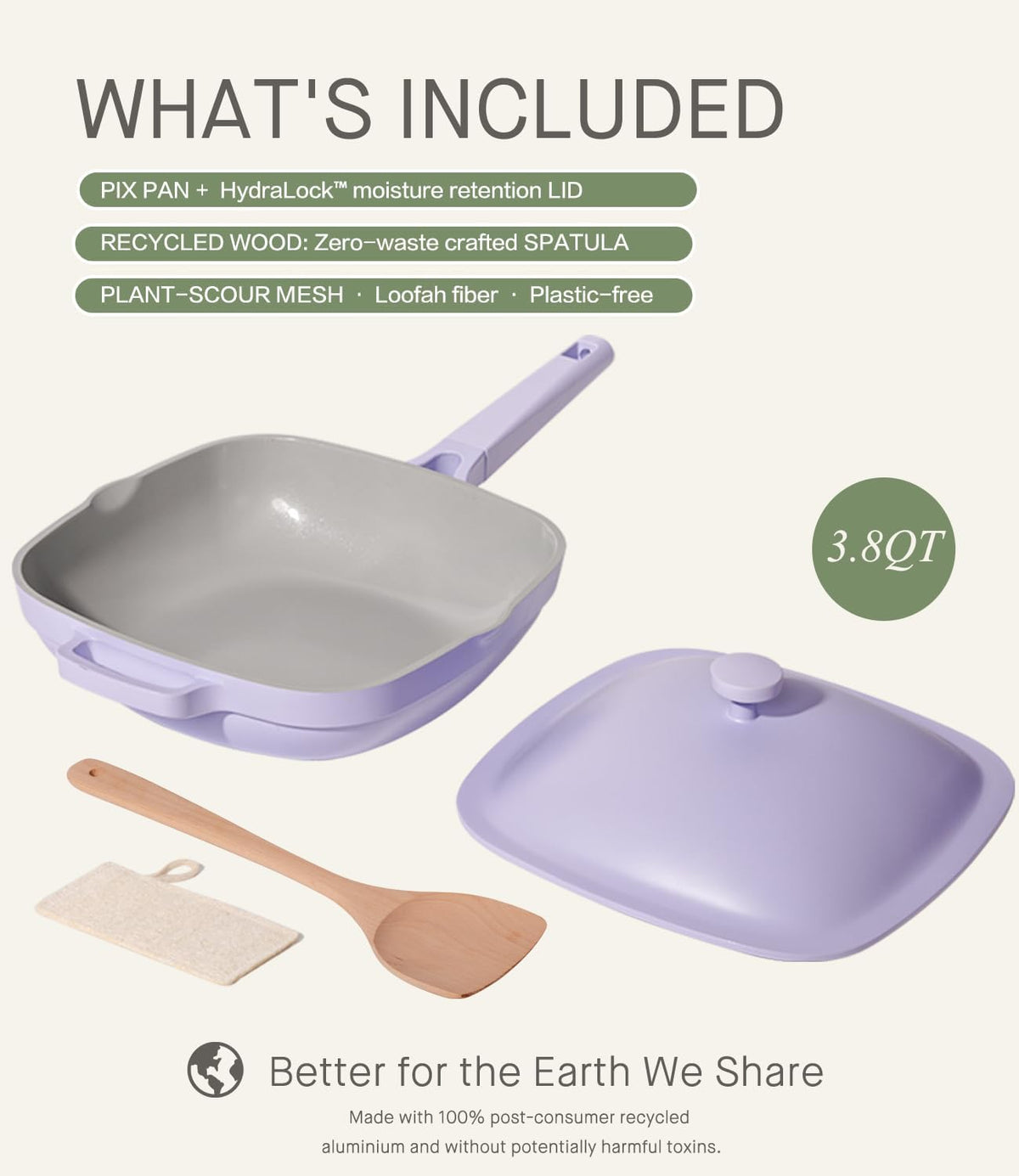 10.5 Inch(3.8QT) Deep Frying Pan,Non Stick Frying Pans Cast Aluminum,Ti-Ceramic Non Toxic Pix Pan with Lid,Natural Wooden Spatula and Loofah Scrubber-Dusk Petal
