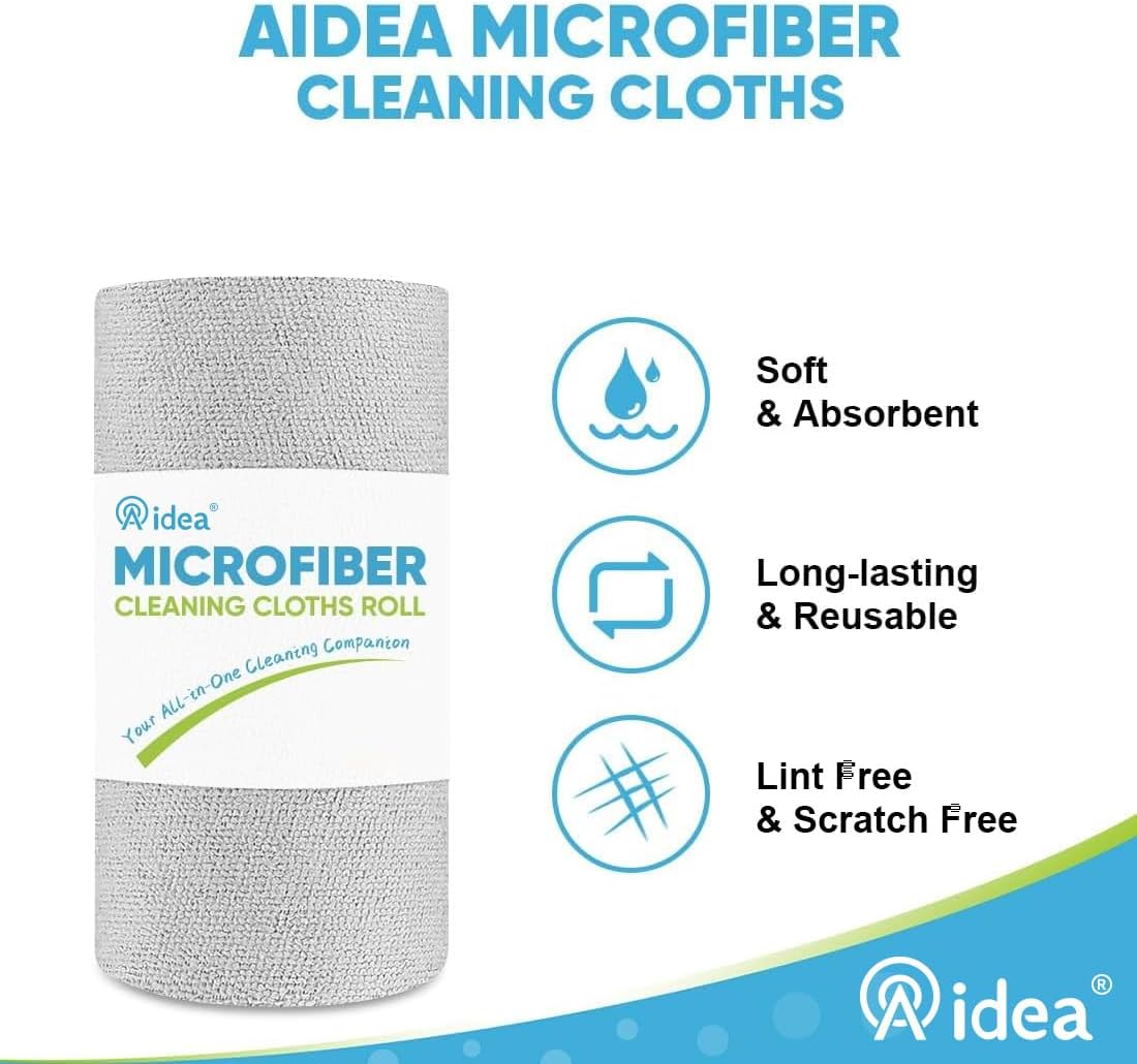 AIDEA Microfiber Cleaning Cloth Roll, 50PK, Paper Towels Reusable Grey Tear Away Towels, Washable Shop Rags, Microfiber Towels for Cars, Lint Free Rags for House, Kitchen, Window,11.5"×11.5"