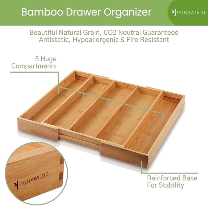 Purawood Kitchen Drawer Organizer - Expandable Utensil Drawer Organizer for Kitchen, Cutlery Tray & Silverware Organizer, 3-5 Slots - Bamboo Organizer for Utensils & Flatware (Natural)