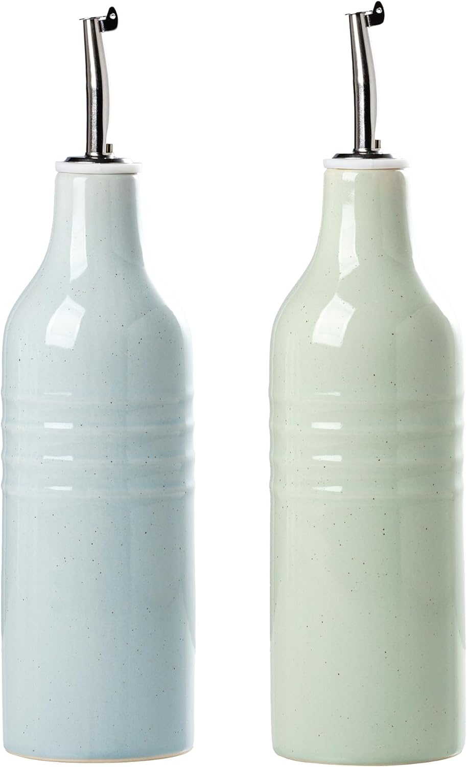 famiware Jupiter 16oz Ceramic Olive Oil Dispenser Bottle, Olive Oil and Vinegar Dispenser Bottle Set of 2 with Stainless Steel Pourers, Suitable for Storage Vinegar, Liquids, Light Blue & Light Green