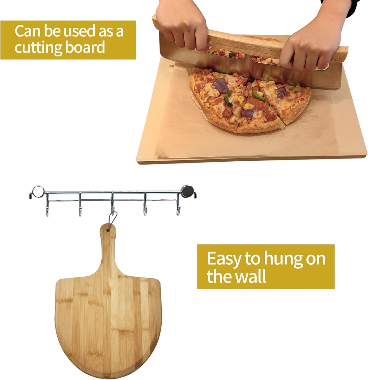 Rectangular Pizza Stone 4 Sets,12"x15"x0.59"(OAK) Pizza Stone for Oven and Grill with Bamboo Pizza Peel, Pizza Cutter and 10pcs Cooking Paper,Grill Stone Baking Stone for Bread,BBQ,Grill