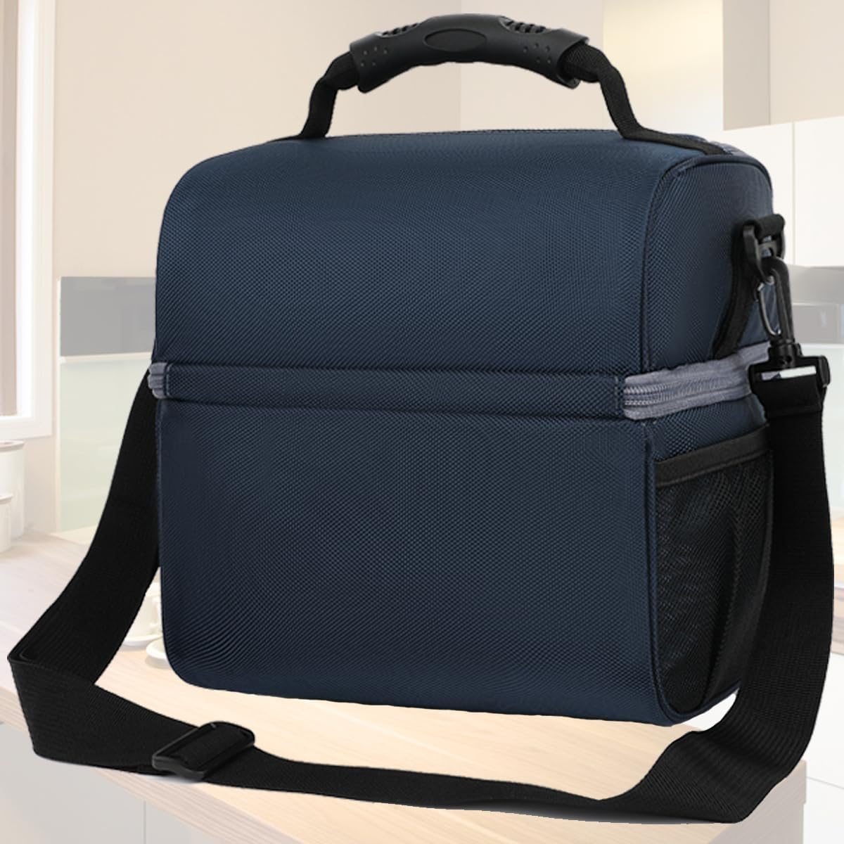 FlowFly Double Layer Cooler Insulated Lunch Bag Adult Lunch Box Large Tote Bag for Men, Women, With Adjustable Strap,Front Pocket and Dual Large Mesh Side Pockets