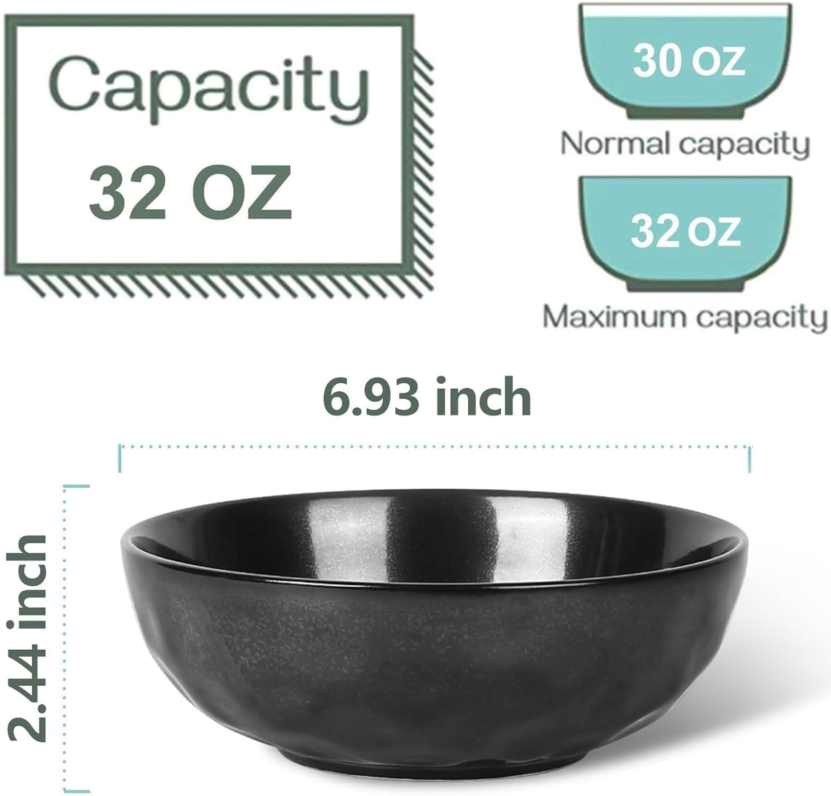 vicrays Ceramic Pasta Bowls Set, 32 Ounce Soup Bowls, Large Salad Bowls, Chip Resistant, Dishwasher Microwave Safe, Fluted stoneware Bowls for Kitchen, Serving Bowls - Set of 6 Black