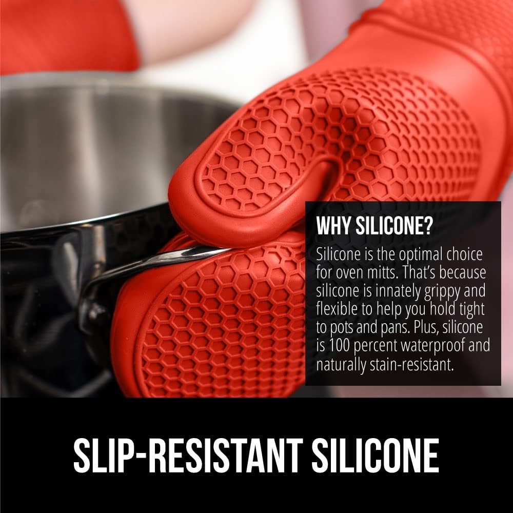 GORILLA GRIP BPA-Free Soft Silicone Oven Mitts, 14.5x8.3, Heat Resistant and Waterproof Cooking Gloves, Thick Cotton Lining, Flexible Gripping for Baking Grilling, Kitchen Potholders Set of 2, Coral