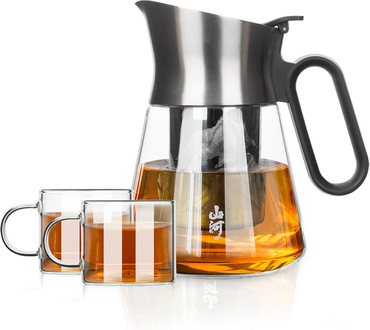 ZENS Design Glass Teapot with Infuser with 2 Cups, 23oz Small Loose Leaf Steeper Pot with Stainless Steel Spout for Hot Tea Diffusers, Oval Handle Clear Tea Infusers Pot for Tea Lovers Gifts
