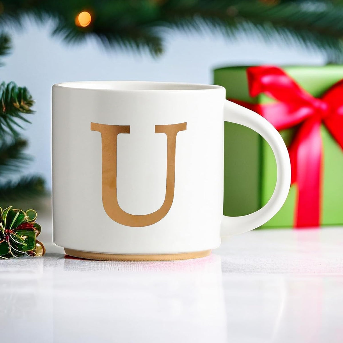 COLLECTIVE HOME - Monogram Ceramic Mugs, 15 oz Golden Initial Coffee Cups, Elegant Alphabet Tea Mugs, Elegant Personalized Mug with Gift Box, Unique Mug with Double Side Capital Letter (U)