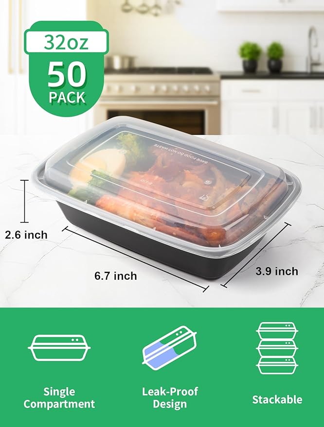 50 Pack Meal Prep Containers 32 oz – Reusable Plastic Food Storage with Lids, Leakproof, BPA-Free, Microwave Freezer Dishwasher Safe, To-Go Takeout Containers