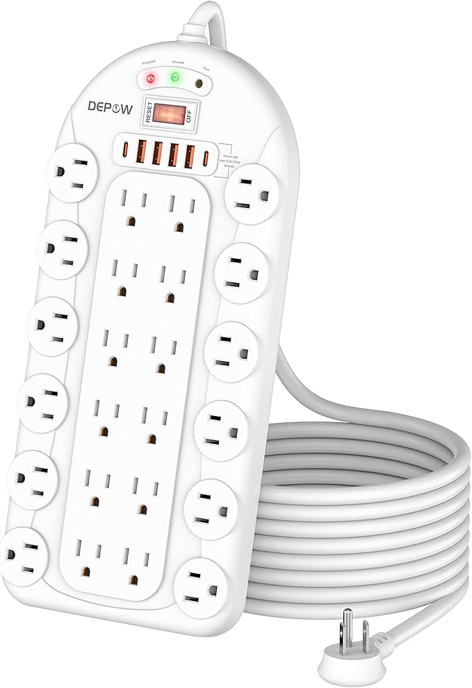 Power Strip Surge Protector (3,400 Joules), DEPOW 24 AC Multiple Outlets (1875W/15A) with 6 USBs (2 USB-C Ports), 8 Ft Long Heavy Duty Extension Cord, Flat Plug, Wall Mount for Home, Office, White
