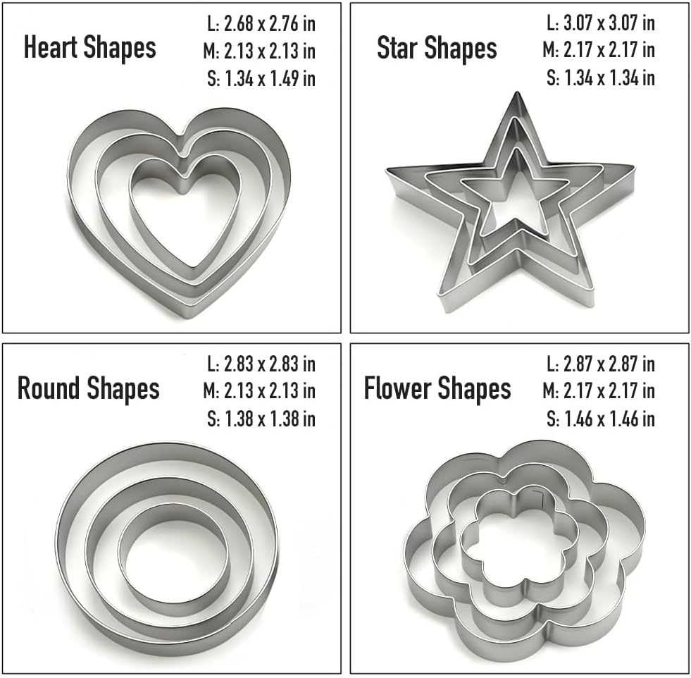 Stainless Steel Cookie Cutters Set 12Pcs - Heart, Flower, Round, Five Star Shapes - Small to Mini Size, Metal Biscuit Cutter Molds for Baking or Holiday Party Decorations