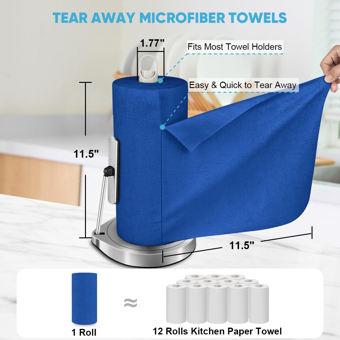 AIDEA Microfiber Cleaning Cloth Roll, 75PK, Reusable Paper Towels Tear Away Cloth, Microfiber Towels Washable Shop Rags, Lint Free Cleaning Rags for House, Kitchen, Window, 11.5"×11.5", Dark Blue