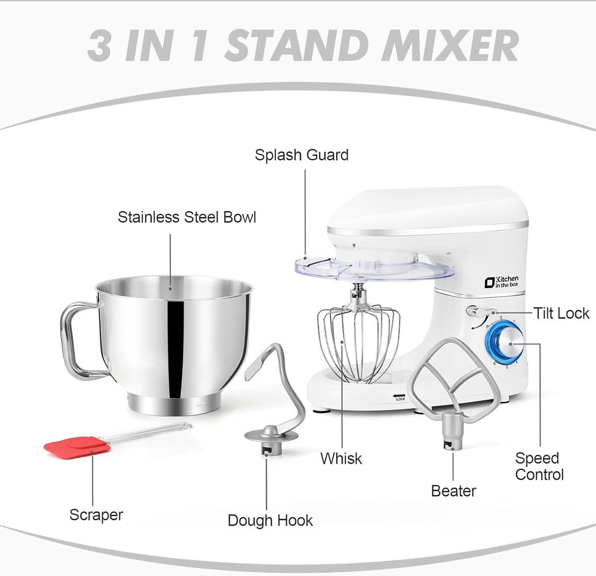 Kitchen in the box Stand Mixer, 6.5QT 660W Kitchen Electric Mixer, 6-Speed Tilt-Head Food Mixer with Dough Hook, Wire Whip, Beater, Dishwasher Safe (White)