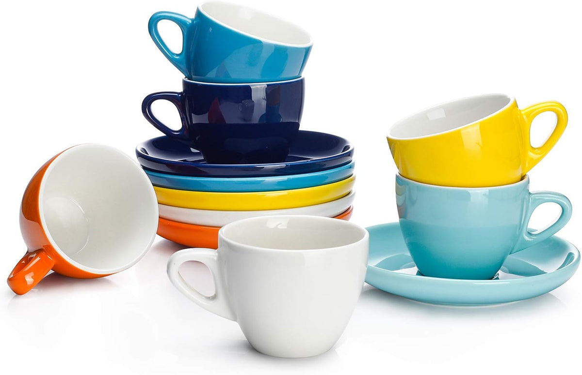 Sweese Espresso Cups with Saucers, 4 Ounce Demitasse Cups, Perfect for Single or Double Espresso, Cappuccino, Latte and Tea - Set of 6, Multicolor, Hot Assorted Colors