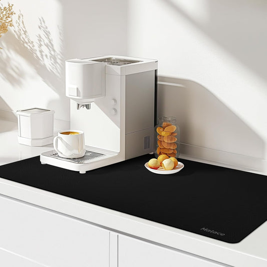 Matace Designer Coffee Bar Mat, Extra Large 17 x 31.5 Inches, Rubber Backing, Absorbent Coffee Maker Mats for Dish Drying, Kitchen Countertop, Heat Resistant, Solid Black