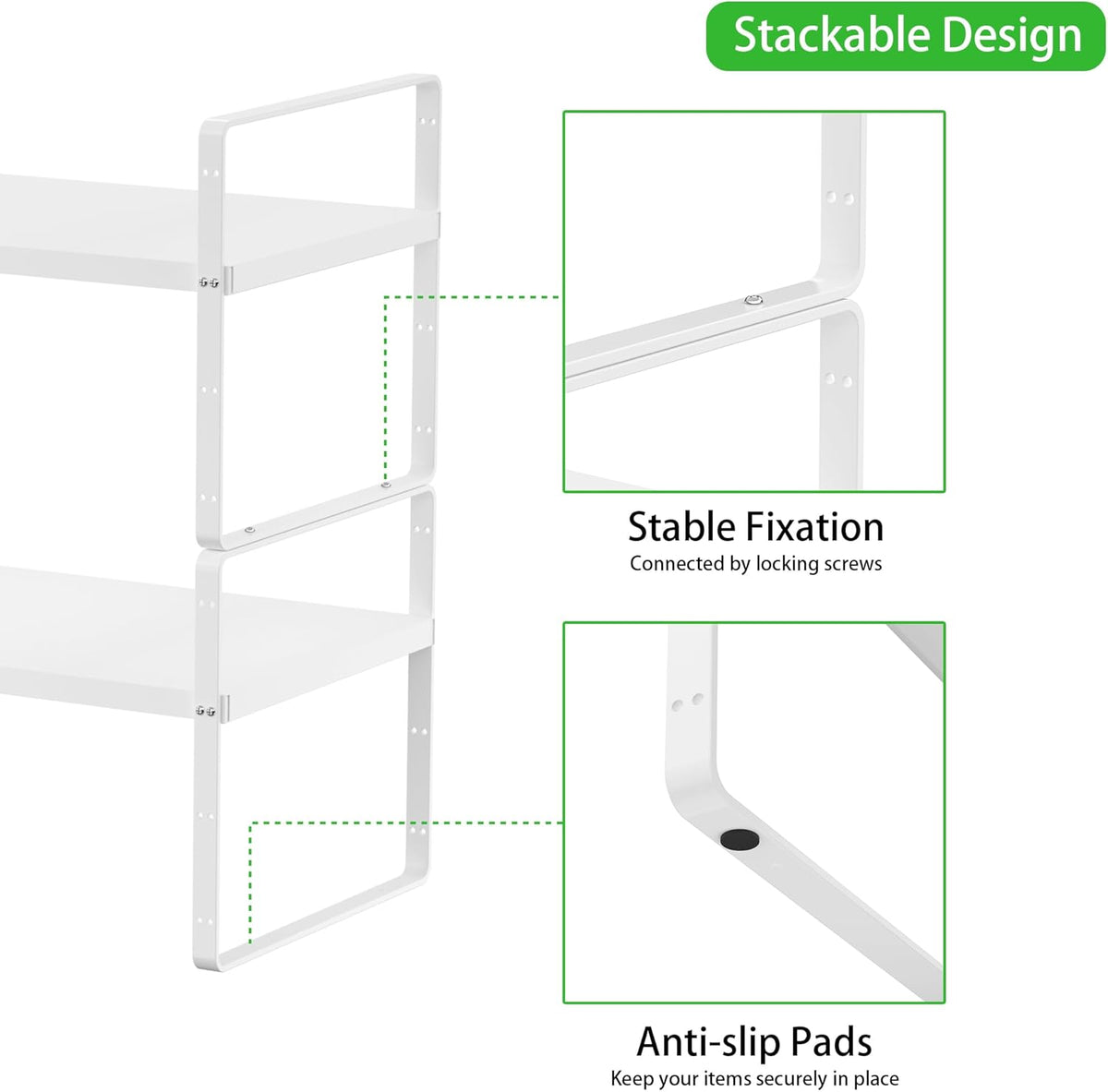 Expandable Cabinet Storage Shelf Stackable Organizer Rack for Kitchen Bathroom Pantry Spice Cupboard Countertop Home Office Desk Heavy Duty Nonslip White Small 2 PACK