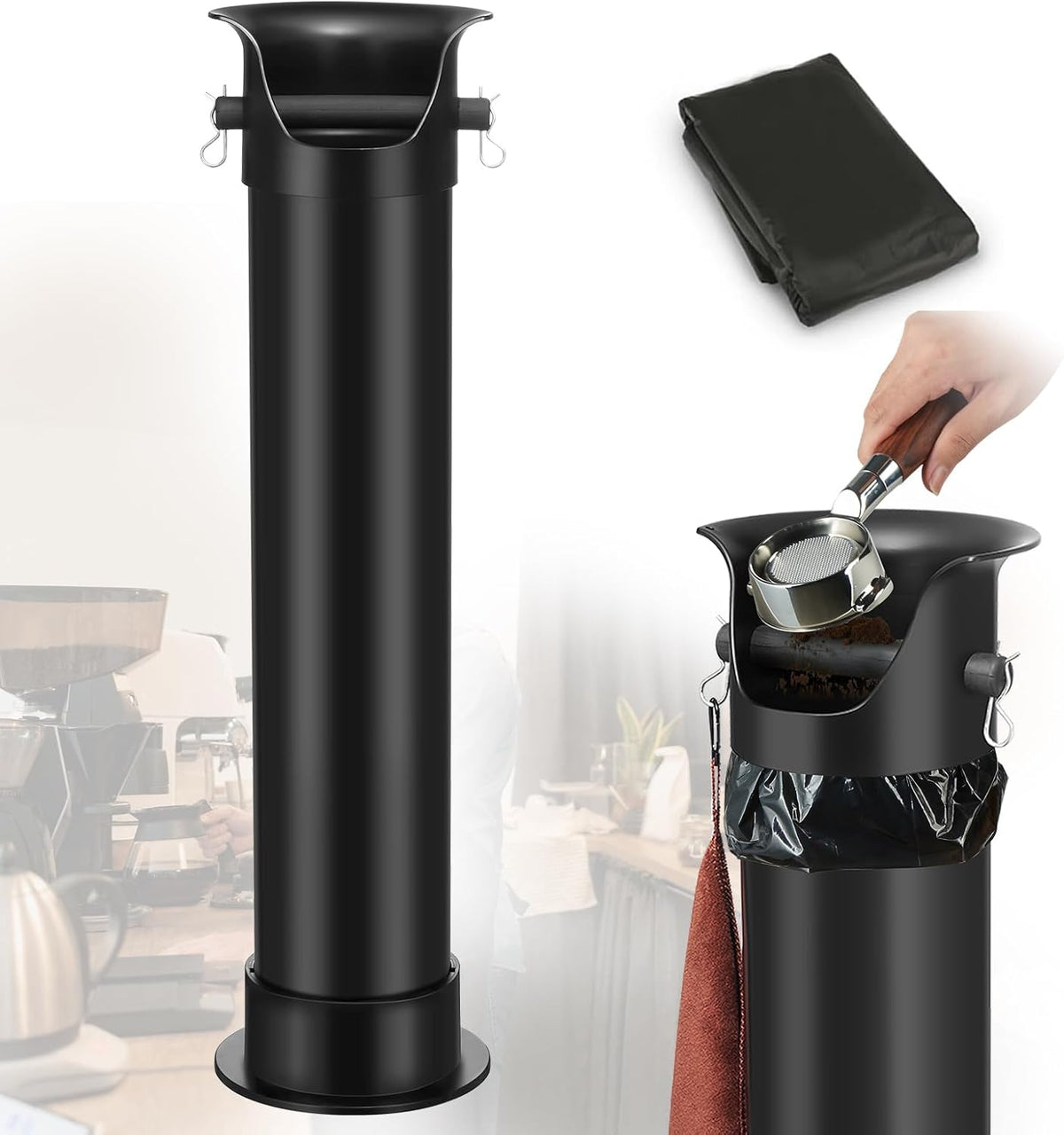 CURTA Espresso Coffee Knock Box with Garbage Bags(30Pcs), Commercial Knock Box for Coffee Grounds, Coffee Shop Kitchen Bar, Black, Extra Large Collection Dump Bin