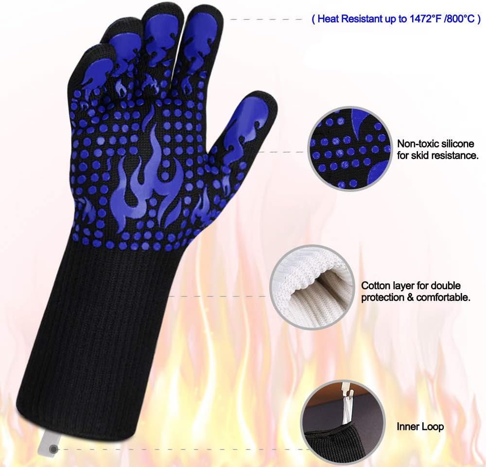 Comsmart BBQ Gloves, 1472F Heat Resistant Silicone Non-Slip Oven Mitts, Long Kitchen Gloves Perfect for Grilling, Cooking, Baking, Cutting, Blue