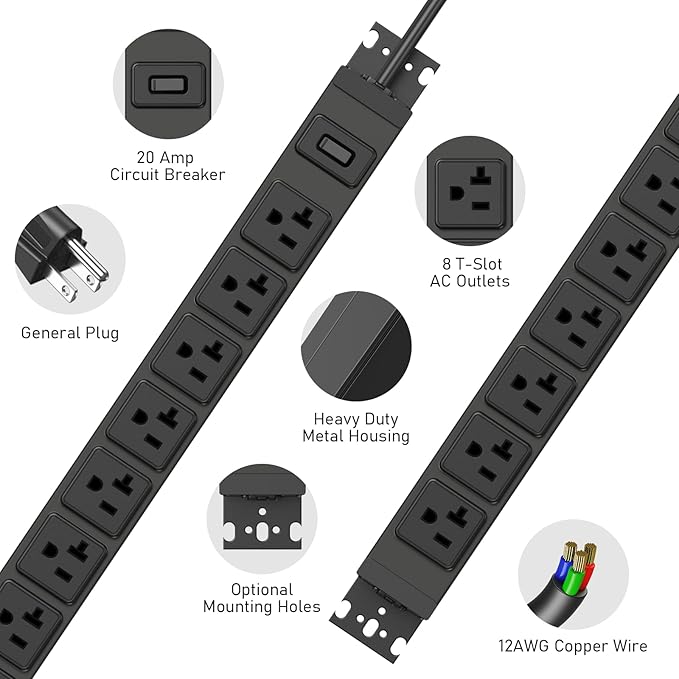 JUNNUJ Heavy Duty Power Strip Wall Mount, 20 Amp Surge Protector 1200J Metal 8 Outlet Under Desk Mounted 20A, Garage Power Table Socket Industrial Outlets 6-20R T-Slot, Black-6FT 12AWG Extension Cord