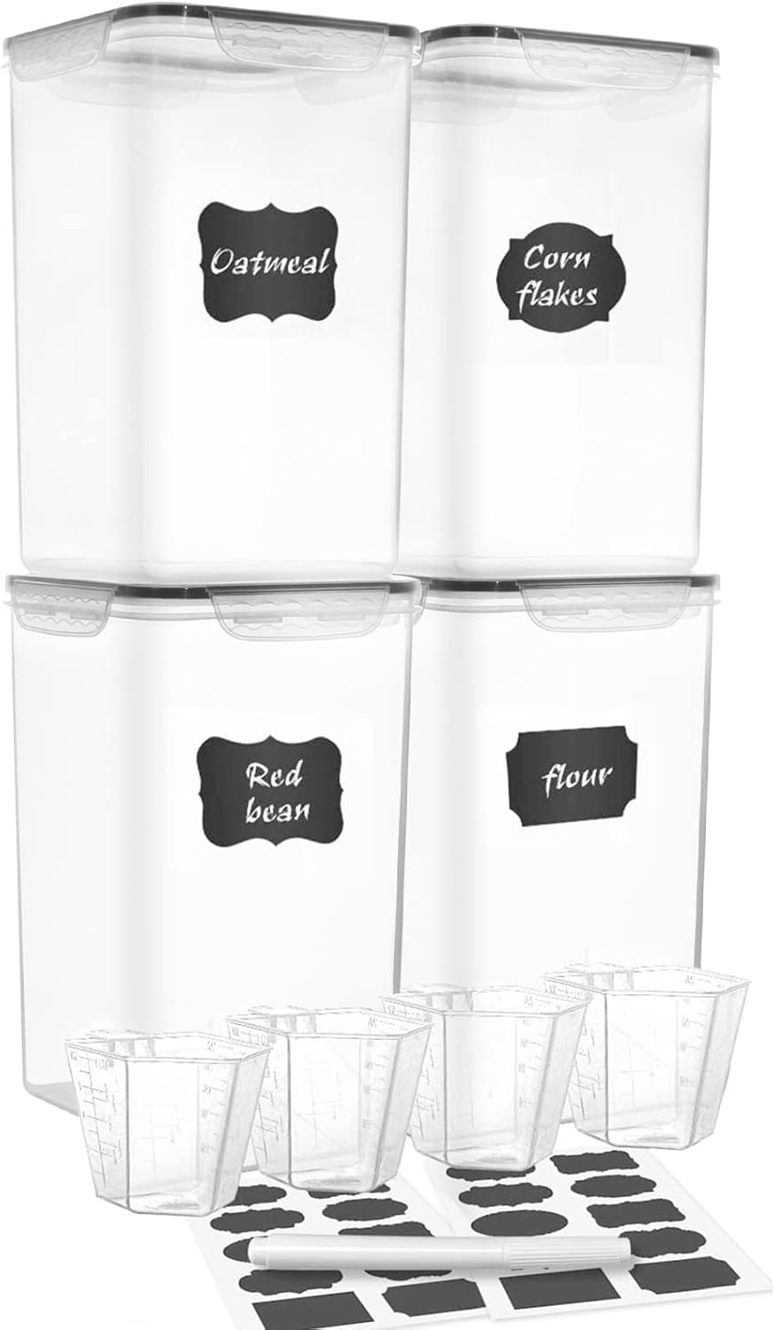 M MCIRCO Extra Large 7qt / 6.5L/220oz Tall Food Storage Containers, WIDE & DEEP, 4-Piece Plastic Airtight Kitchen Pantry Storage Containers for Flour, Sugar, with 4 Measuring Cups,20 Labels